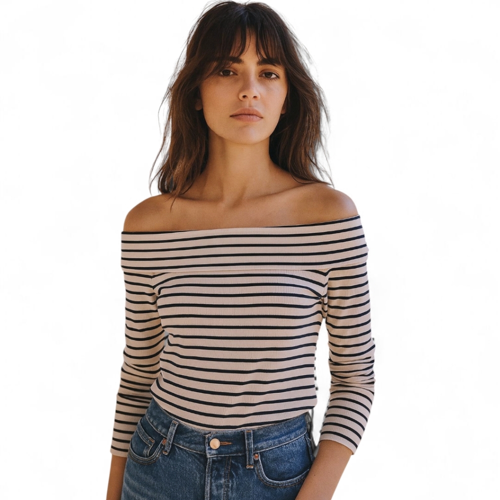 Miou‎ Muse Off Shoulder Ribbed Striped Fold Over Cropped Top Women's Sz L NWT